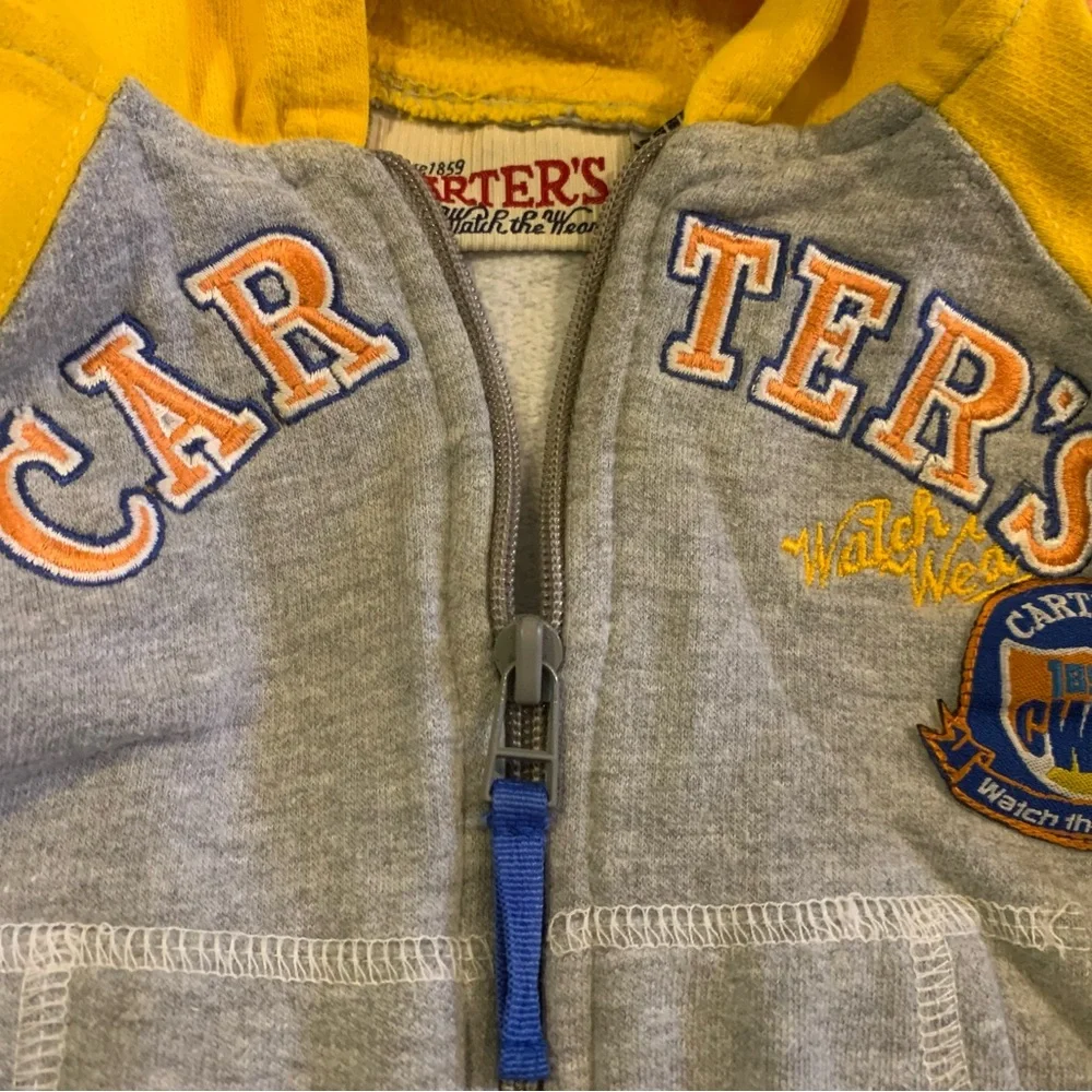 Vintage Carters Gray Yellow Hoodie Zip Up Athletic ‎ 6-12 Mo Watch The Wear Tag